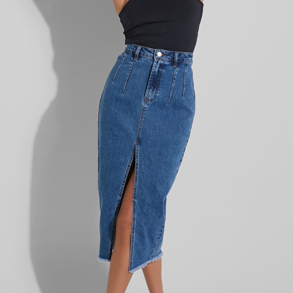 SHOWPO JANEVE MIDI SKIRT - FRONT SPLIT DENIM SKIRT IN DARK BLUE